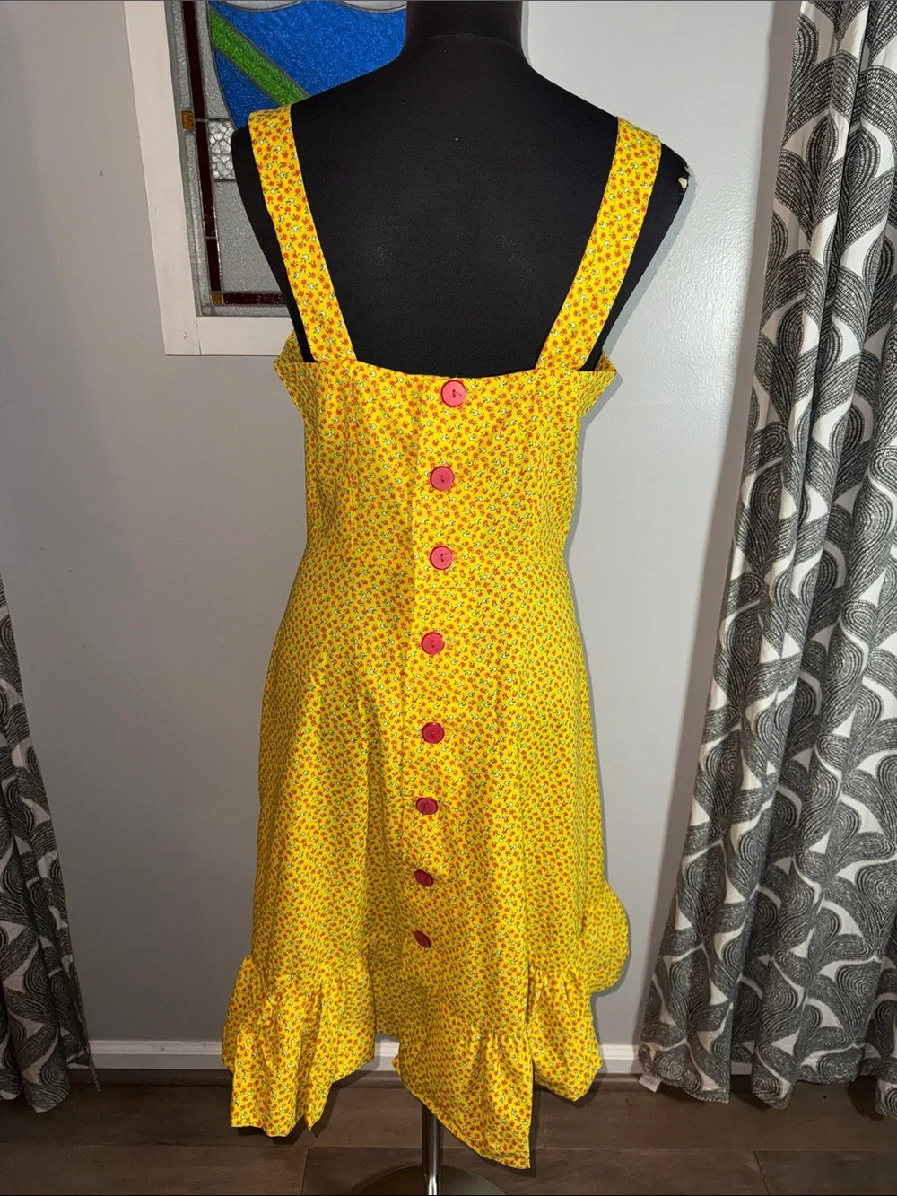 Vintage Handmade Yellow Floral Sundress Square Neck Ruffle Hem Cottagecore S/M
